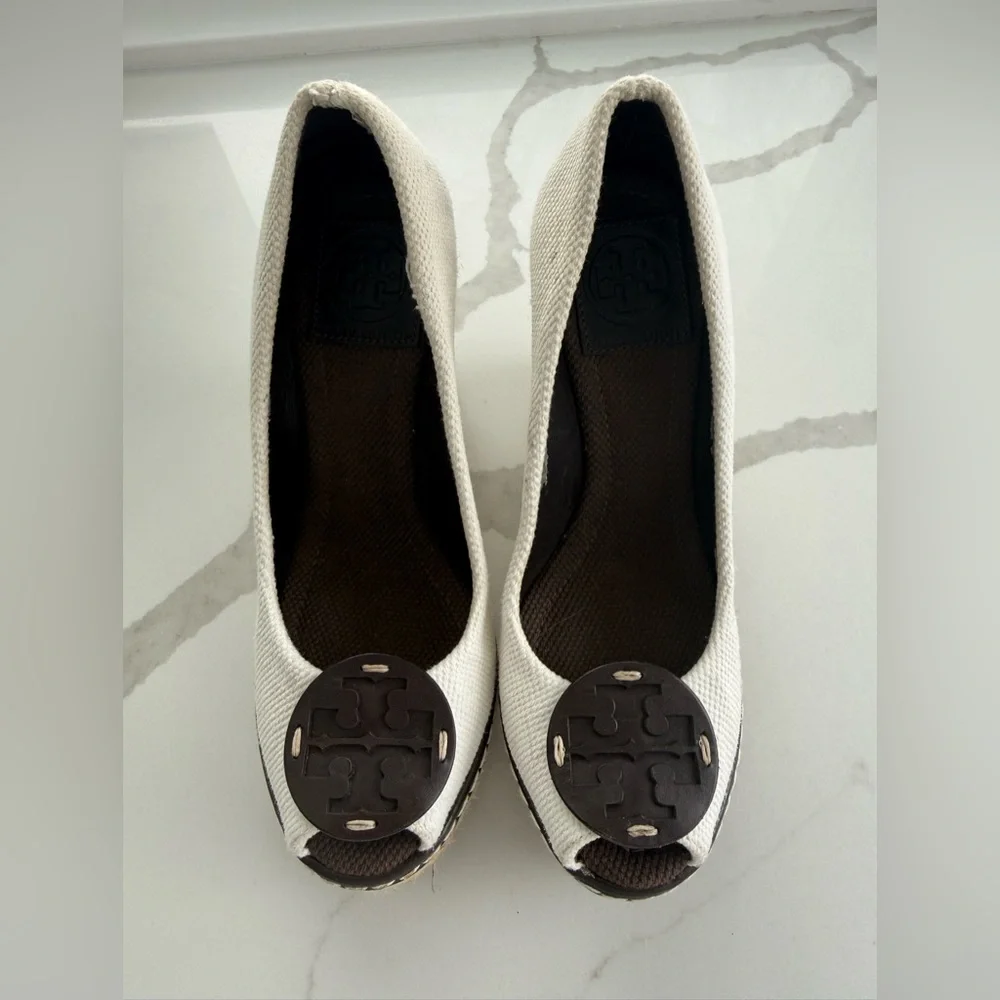 Tory Burch Peep-Toe Wedge Espadrilles-Size 6.5-White/Cream
